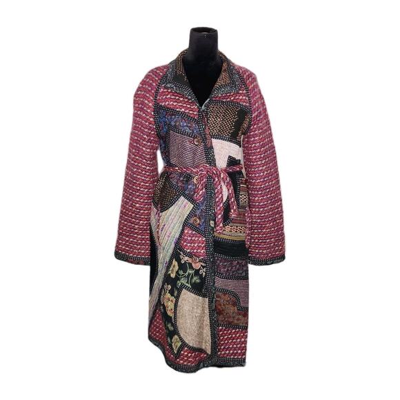 Vintage Koos Van Den Akker Womens Kimono Quilted Knit Patchwork Long Coat Size M